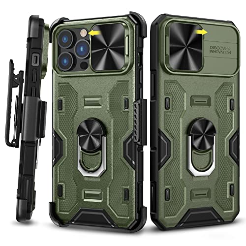Caka for iPhone iPhone 13 & 12 Pro Max Case with Stand & Camera Cover | Belt Clip Holster, 360° Rotated Kickstand, Sliding Camera Lens Cover, Heavy Duty Hard Shockproof Rugged Phone Cover