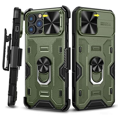 Caka for iPhone iPhone 13 & 12 Pro Max Case with Stand & Camera Cover | Belt Clip Holster, 360° Rotated Kickstand, Sliding Camera Lens Cover, Heavy Duty Hard Shockproof Rugged Phone Cover