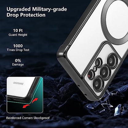 RALEAVO Magnetic Case for Samsung Galaxy S21 Ultra Clear Case Cover [Compatible with Magsafe & Military Grade Drop Protection] Transparent Shockproof Slim Plated Phone Case - Black - color: Black, size: S21 Ultra