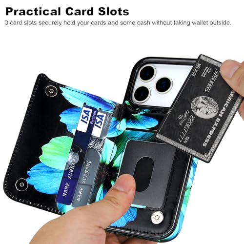 HAOPINSH Wallet Case with Card Holder for iPhone 17 Pro, Blue Florals Pattern Back Flip Folio PU Leather Kickstand Card Slots Case, Double Magnetic Clasp Shockproof Cover 6.3" - color: Blue Florals