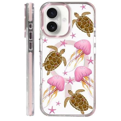VisEnt Clear Case for iPhone 16, Magnetic Phone Case, Transparent Slim Cover, Military Grade Protection, Shockproof, Anti-Yellowing, Scratch Resistant, Pink Jellyfish Sea Turtle - color: Pink Jellyfish Sea Turtle, size: Iphone 16