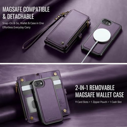 Defencase for iPhone 17e/16e Case Wallet Compatible with Magsafe, Purple | Drop-Proof Magnetic Detachable Phone Cases Cover, with RFID Bolcking Card Holder, Zipper Strap, PU Leather, Removable Wallet - color: (Detachable with Magsafe)-Purple