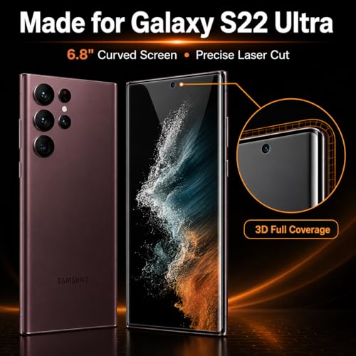 2 Pack Privacy Screen Protector for Samsung Galaxy S22 Ultra 5G, 3D Curved Tempered Glass, Support Ultrasonic Fingerprint Unlock, Anti-Spy 9H Full Coverage Glass Film, Case Friendly