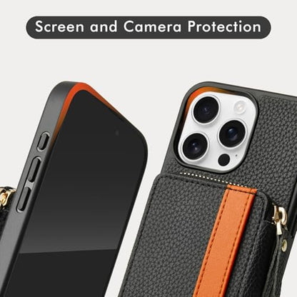 LAMEEKU Compatible with iPhone 16 Pro Wallet Case with Card Holder, Zipper Leather Crossbody Case with Phone Grip Holder Stand Wrist Strap for Women 6.3 inch Black - color: Black, size: iPhone 16 Pro 6.3''