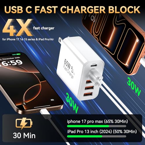 USB C Fast Charger Block, 65W USBC Wall Charger Cube, iPhone Charger Plug - color: White-2Pack
