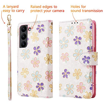 UEEBAI Wallet Case for Samsung Galaxy S23 Plus 5G, PU Leather Phone Case Kickstand RFID Blocking Flip Case Card Slots Wrist Strap Relief Engraved Pattern Magnetic Closure Folio Case - White Daisy - color: White Daisy, size: Samsung Galaxy S23 Plus 5G