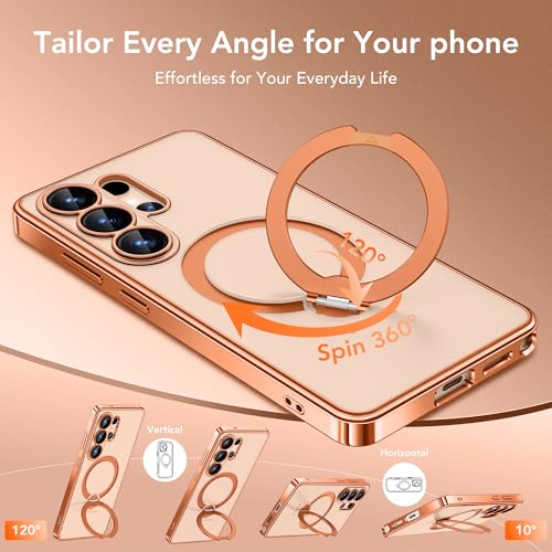 GolbinBox Magnetic for Samsung Galaxy S26 Ultra Case with 360° Spin Stand | [Compatible with MagSafe][Military Drop Protection] Shockproof Galaxy S26 Ultra Phone Cover with Kickstand, Orange/Clear - color: Orange/Clear