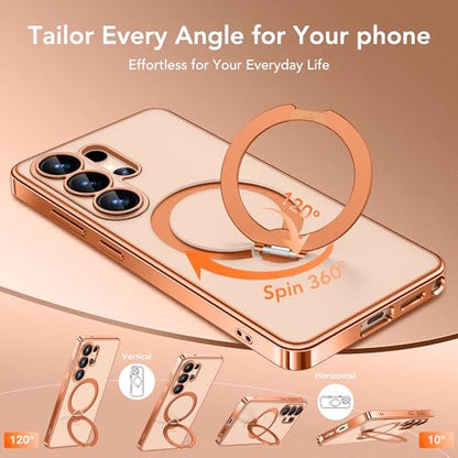 GolbinBox Magnetic for Samsung Galaxy S26 Ultra Case with 360° Spin Stand | [Compatible with MagSafe][Military Drop Protection] Shockproof Galaxy S26 Ultra Phone Cover with Kickstand, Orange/Clear - color: Orange/Clear