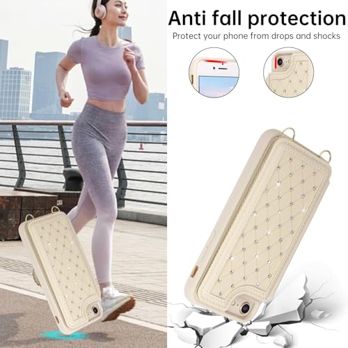 for iPhone 7/8/SE 2022/SE 2020 Wallet Case with Card Holder Slots and Strap, RFID Blocking Magnetic Flip Folio Cover, Crossbody Purse Protection Case with Kickstand,Beige Diamond - color: Beige Diamond, size: iPhone 7/8/SE 2022/SE 2020(6.6")