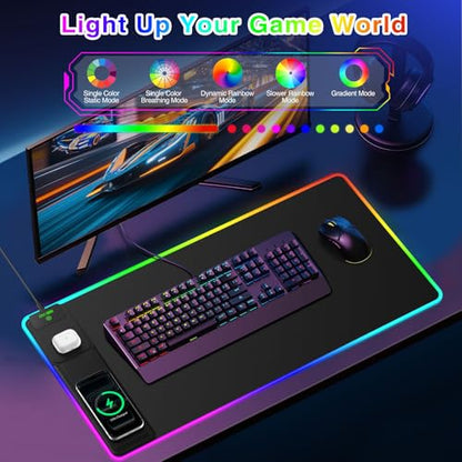 XXL RGB LED Gaming Mouse Pad with Magnetic Wireless Charger & Foldable Phone Holder, 31.5"x15.8" Extended Ultra-Smooth Desk Mat, 25 Lighting Effects, Non-Slip Base, Includes 20W PD Adapter - color: RGB-Magnetic Stand-31.5"x15.8"-Adapter