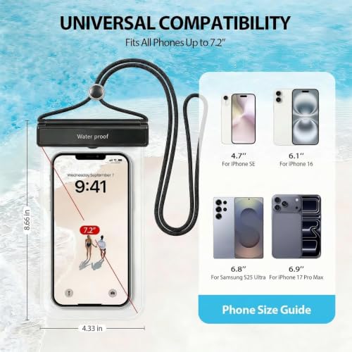 IPX8 Waterproof Phone Pouch 2 Pack for iPhone for Android 7.2 in | Dual Layer Seal, Flip-Lock Buckle, Vacation Use, Water Sports, Universal Fit