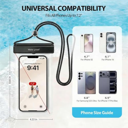 IPX8 Waterproof Phone Pouch 2 Pack for iPhone for Android 7.2 in | Dual Layer Seal, Flip-Lock Buckle, Vacation Use, Water Sports, Universal Fit