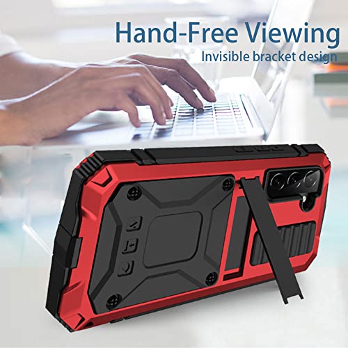 Simicoo Compatible with Samsung S22 Plus Metal Bumper Silicone Case with Stand Hybrid Military Shockproof Heavy Duty Rugged case Built-in Screen Protector Cover (Red) - color: Red, size: S22 Plus