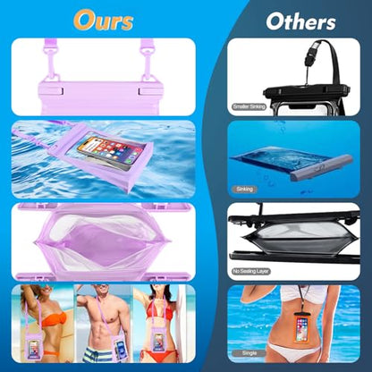 PEDVSTY Large Floating Waterproof Phone Pouch with Sealing Strip, Purple | Expandable Space, Double Seals, IPX8 Cell Phone Dry Bag, Touch Screen, Fit All Phones, Kayak Pool Beach Cruise Essentials - color: Purple, size: Large (Up to 8.5")