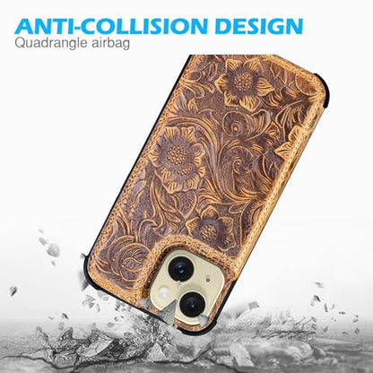 Wallet Real Leather Case Compatible with iPhone 15 6.1" Brown | Genuine Leather,Shockproof,Anti-Fall Case,Flip Cover,with Card Slot,Double Magnetic Buckle,Kickstand,RFID Blocking Brown - color: Brown, size: 6.1"-15