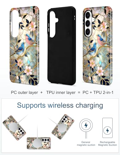 Magnetic Flower Phone Case for Samsung Galaxy A16 5G, Bird | Compatible with MagSafe, Cute Aesthetic Stained Glass Floral Design, TPU and PC Protective Phone Cover for Women Girls - color: Flower Bird