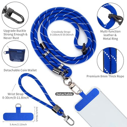 HOTEMIA Phone Lanyard and Wrist Straps, Adjustable Cell Phone Lanyard Crossbody with Detachable Wallet, 8mm Thick iPhone Lanyard for Around the Neck (Blue+Wallet) - color: Blue+wallet