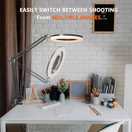 Overhead Phone Mount with Ring Light, 10’’ LED Selfie Light for Desk,with Stand and Phone Holder for iPhone and Camera,Overhead Tripod for Video Recording, Live Streaming, Zoom Meeting