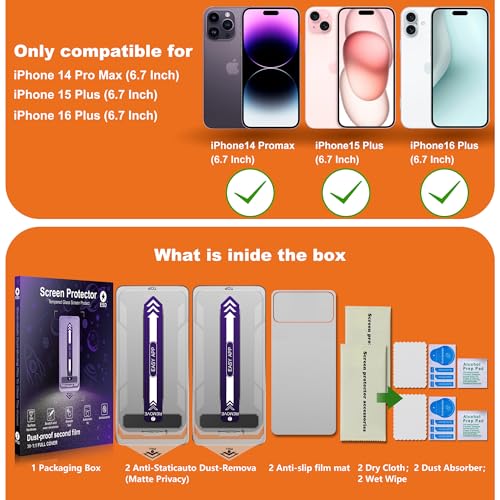 2-Pack Matte Privacy Screen Protector for iPhone 14 Pro Max / 15 Plus / 16 Plus,Anti-Glare & Anti-Spy,Anti-Fingerprint,Smooth as Silk,Easy Installation, Military-Grade 9H Hardness - size: iPhone 14 Pro Max / 15 Plus / 16 Plus