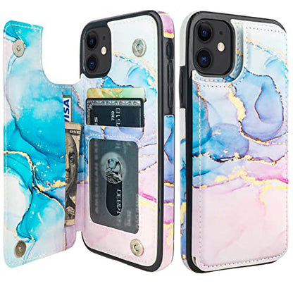 HAOPINSH for iPhone 11 Wallet Case with Card Holder, Pink Blue Marble Pattern Back Flip Case PU Leather Kickstand Card Slots Case for Women Girls, Double Magnetic Clasp Shockproof Cover 6.1" - color: Pink Blue Marble