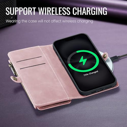 Defencase for iPhone 15 Pro Wallet Case with RFID Card Holder, Rose Pink | Durable Soft PU Leather, with Zipper Pocket, Wrist Strap, Fashion Snap Flip Phone Cases Cover with Stand for Women and Men - color: Pink