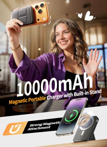 Magnetic Portable Charger, 10000mAh Power Bank with Leather Foldable Stand | Fast Charging, USB-C Cable, LED Display, Wireless Battery Pack for iPhone 17/16/15 All Series & AirPods, Deep Black
