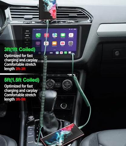 USB C Cable Fast Charging 60W 3FT/5FT, Coiled USB A to USB C Cable for Car - color: Green, size: 3FT/5FT, style: USB A to USB C