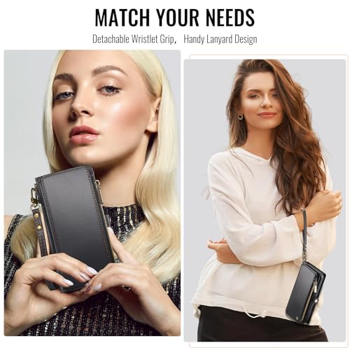 Defencase for Samsung Galaxy Z Fold 6 Wallet Case with Card Holder, Black | Durable Soft PU Leather, RFID Blcking Zipper Pocket, with S-Pen Holder & Strap, Flip Phone Cases with Stand for Women Men - color: Black