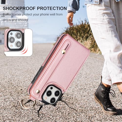 Folosu for iPhone 15 Pro Max Wallet Case with Card Holder, Hand Wrist Strap Loop Holder Kickstand, RFID Blocking Finger Grip Ring PU Leather Double Buttons Shockproof Cover 6.7" Rose Gold - color: Rose Gold