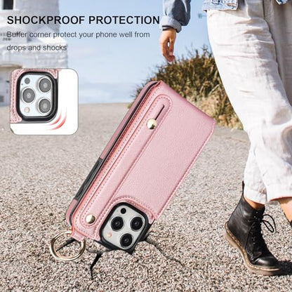 Folosu for iPhone 15 Pro Max Wallet Case with Card Holder, Hand Wrist Strap Loop Holder Kickstand, RFID Blocking Finger Grip Ring PU Leather Double Buttons Shockproof Cover 6.7" Rose Gold - color: Rose Gold