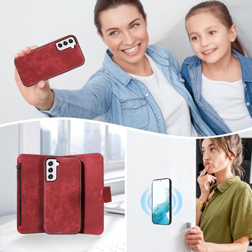 Asuwish Phone Case for Samsung Galaxy S22 5G Zipper Wallet Detachable Magnetic Cover with Tempered Glass Screen Protector Crossbody Lanyard Strap Card Holder S 22 22S 4G G5 6.1 inch Women Girls Red - color: Red