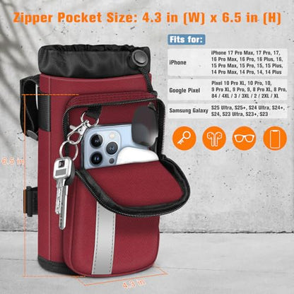 FINPAC Cup Holder for Bike, Universal Water Bottle Holder w/Phone Pockets - color: Burgundy