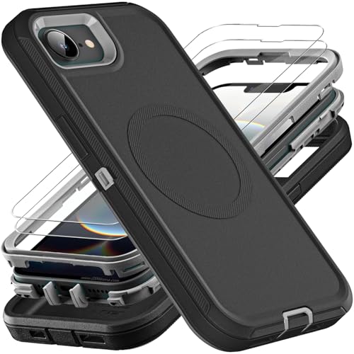 YKHJKLEC for iPhone 16e Case, Compatible with Magsafe, Military Grade 3 in 1 Heavy Duty Shockproof/Drop Proof/Dust Proof Case with 2Pcs Tempered Glass Screen Protector (New-Black/Grey) - color: New-Black/Grey