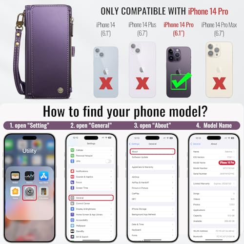Defencase for iPhone 14 Pro Wallet Case with RFID Card Holder, Purple | Durable Soft PU Leather, with Zipper Pocket, Wrist Strap, Fashion Snap Flip Phone Cases Cover with Stand for Women and Men - color: Purple