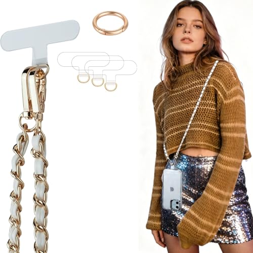 Crossbody Phone Lanyard Chain Shoulder Cellphone Strap Phone Charm Neck Chain iPhone Holder 3 Pad Patches Tether Universal for iPhone 16 Pro Max 15 14 for Samsung S24 Google Moto Gold/White - color: Gold-White