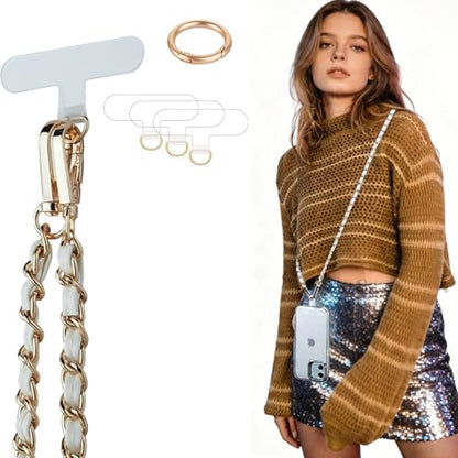 Crossbody Phone Lanyard Chain Shoulder Cellphone Strap Phone Charm Neck Chain iPhone Holder 3 Pad Patches Tether Universal for iPhone 16 Pro Max 15 14 for Samsung S24 Google Moto Gold/White - color: Gold-White