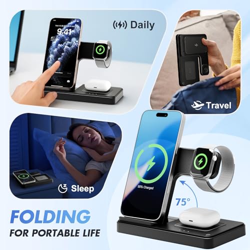 Wireless Charging Station for Apple Devices, 3 in 1 Foldable Charger Stand - color: 1 Black