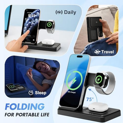 Wireless Charging Station for Apple Devices, 3 in 1 Foldable Charger Stand - color: 1 Black