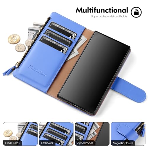 Shieldtop Compatible with Samsung Galaxy S23 Ultra 5G Wallet Case with Card Holder,Women Men RFID Blocking PU Leather Phone Case Flip Protective Cover Wrist Strap Zipper Credit Card Slots,Purple Blue - color: Purple Blue, size: Galaxy S23 Ultra - 6.8"