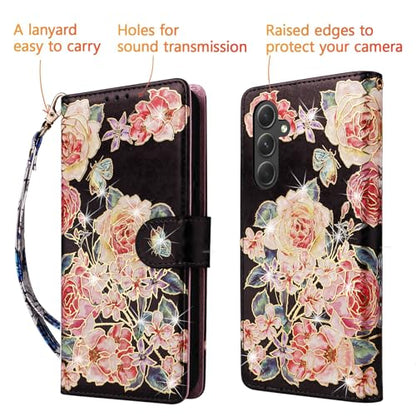 UEEBAI Wallet Case for Samsung Galaxy A17 5G, PU Leather Phone Cover Kickstand RFID Blocking Flip Case Card Slots Wrist Strap Relief Engraved Pattern Magnetic Closure Folio Cover - Black Rose - color: Black Rose, size: Samsung Galaxy A17 5G