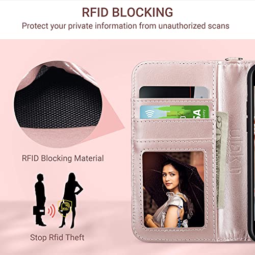 ULAK for iPhone SE (2022)/SE(2020)/8/7 Wallet Case Card Holder Pink Glitter | Premium PU Leather Flip Case with Kickstand Card Slots,RFID Blocking,Wrist Strap, Durable Shockproof Cover 4.7 Inch - color: Glitter