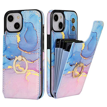 HAOPINSH for iPhone 13/ iPhone 14 Wallet Case with Card Holder, 360°Rotation Ring Kickstand, Pink Blue Marble Pattern, RFID Blocking Leather for Girls Women, Double Buttons Protective Cover 6.1" - color: Pink Blue Marble