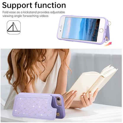 Crossbody Wallet Case for iPhone 7/8/SE 2020/SE 2022(4.7") with Detachable Strap - PU Leather Flip Folio with Card Slots & RFID Blocking, Sparkling Diamond Accents-Purple - color: Purple, size: iPhone 7/8/SE 2020/SE 2022(4.7")