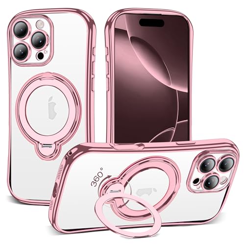 Clear Phone Case for iPhone 16 Pro Max 6.9", Pink | Compatible with iPhone 16 Pro Max Case with 360° Rotatable Magnetic Ring Stand Camera Lens Protector Plating Mag-safe Case - color: Pink, size: Iphone 16 Pro Max