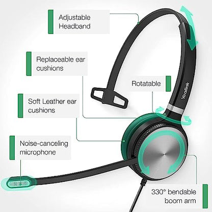 Yealink YHS36 Mono Telephone Headset with RJ9 Jack Phone Headset with Microphone Noise Canceling, Compatible Poly Snom Desk Landline Phones (2.1m Cable)