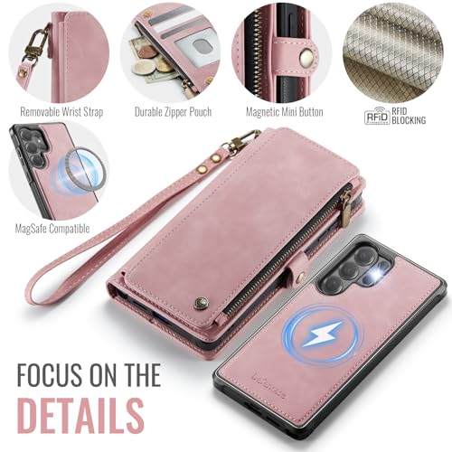 Defencase for Galaxy S26 Ultra Case Wallet Compatible with Magsafe, Pink | Magnetic Detachable, RFID Bolcking Card Holder, Zipper Strap, PU Leather Drop-Proof Phone Cover for Samsung Galaxy S26 Ultra - color: (Detachable with Magsafe)-Pink