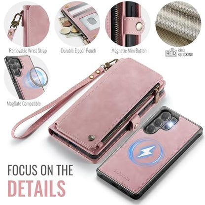 Defencase for Galaxy S26 Ultra Case Wallet Compatible with Magsafe, Pink | Magnetic Detachable, RFID Bolcking Card Holder, Zipper Strap, PU Leather Drop-Proof Phone Cover for Samsung Galaxy S26 Ultra - color: (Detachable with Magsafe)-Pink