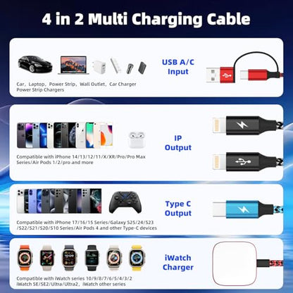 Travel Essentials Dual IP 4in2 Multi Charging Cable for iWatch Charger, 5FT - color: Red&Black&Light Blue, size: AC to 2C+L+iWatch