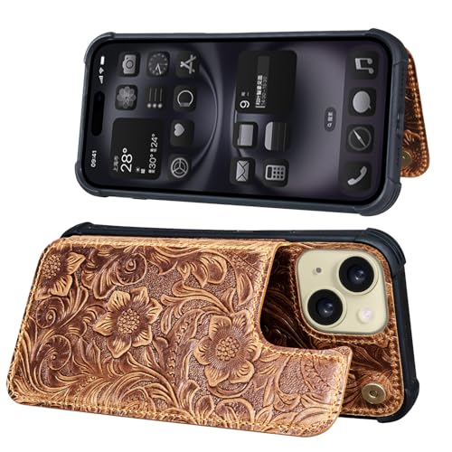Wallet Real Leather Case Compatible with iPhone 15 6.1" Brown | Genuine Leather,Shockproof,Anti-Fall Case,Flip Cover,with Card Slot,Double Magnetic Buckle,Kickstand,RFID Blocking Brown - color: Brown, size: 6.1"-15