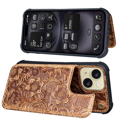 Wallet Real Leather Case Compatible with iPhone 15 6.1" Brown | Genuine Leather,Shockproof,Anti-Fall Case,Flip Cover,with Card Slot,Double Magnetic Buckle,Kickstand,RFID Blocking Brown - color: Brown, size: 6.1"-15
